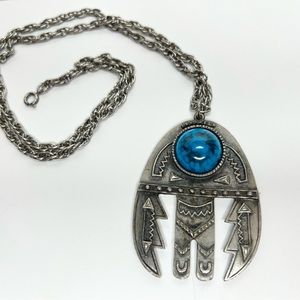 Vintage Aztec style Rafaelian Silver and Turquoise large pendant with long chain